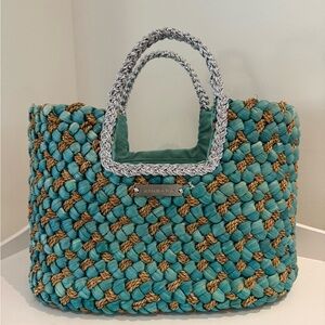 Teal and Tan Braided Tote Bag